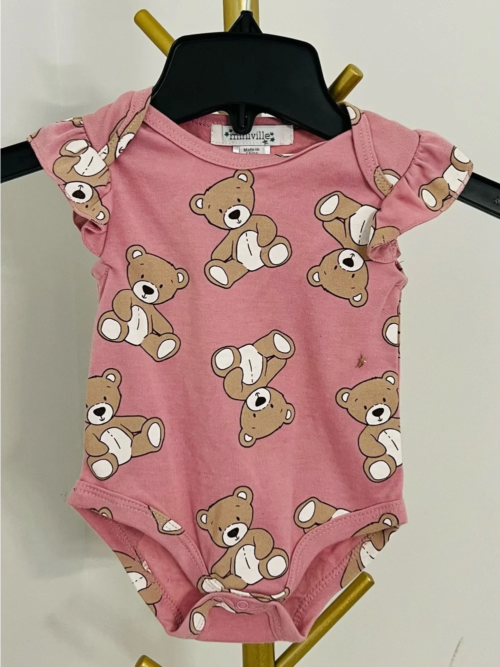 Miniville Pink Teddy Bear Ruffle-Sleeve Baby One-Piece